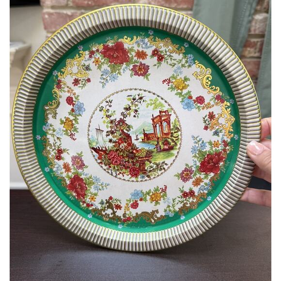 VTG Daher English Tin‎ 10 3/8" Round Metal Serving Tray Decorative, England 70's - Picture 1 of 13